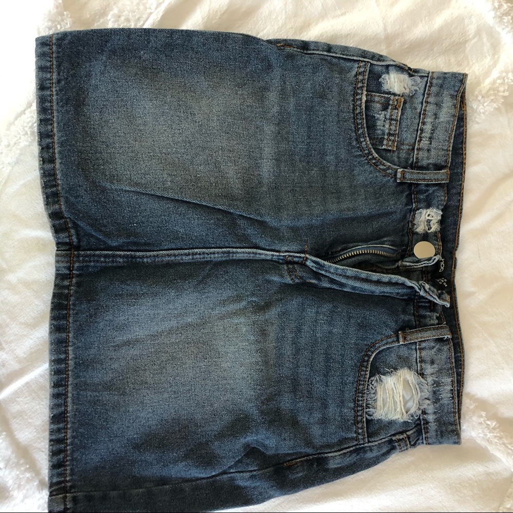 Jean Skirt, distressed denim, medium wash
